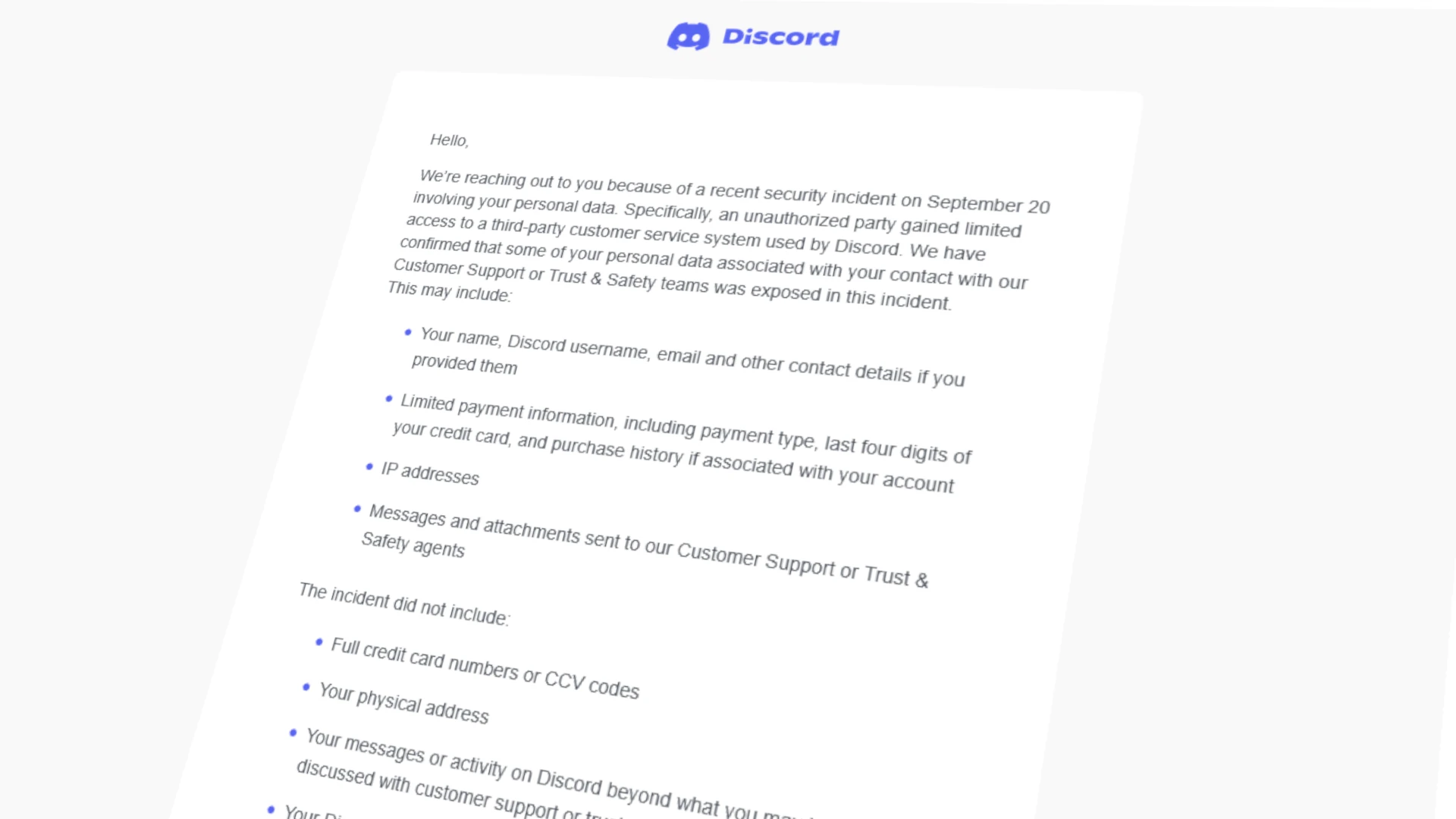 Discordから送信された流出をユーザーに知らせるメール